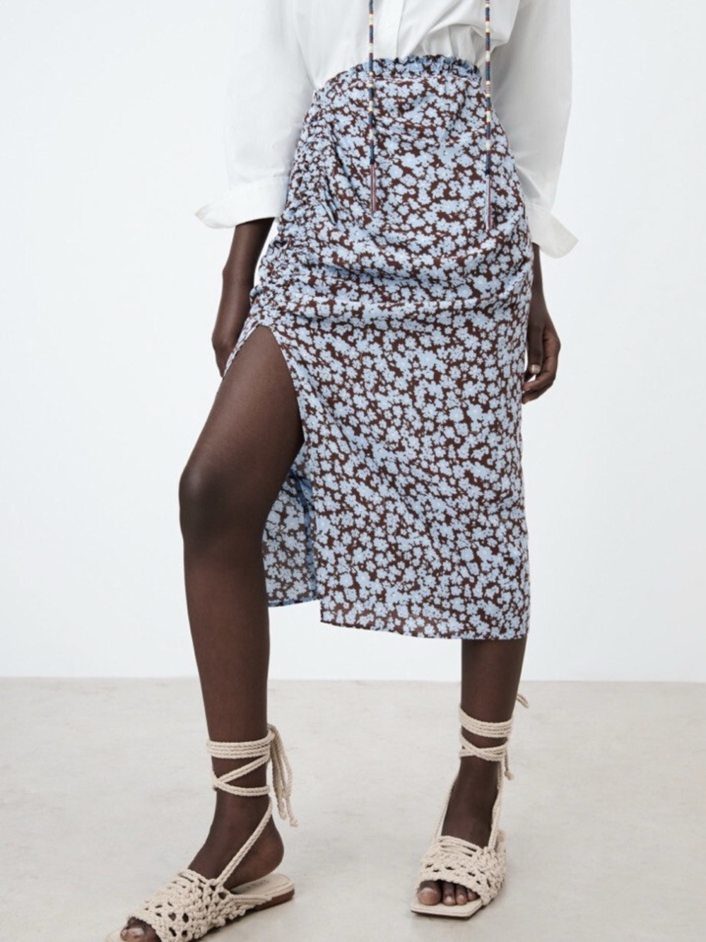 Zara Blue and Brown Floral Side-Slit Midi Skirt